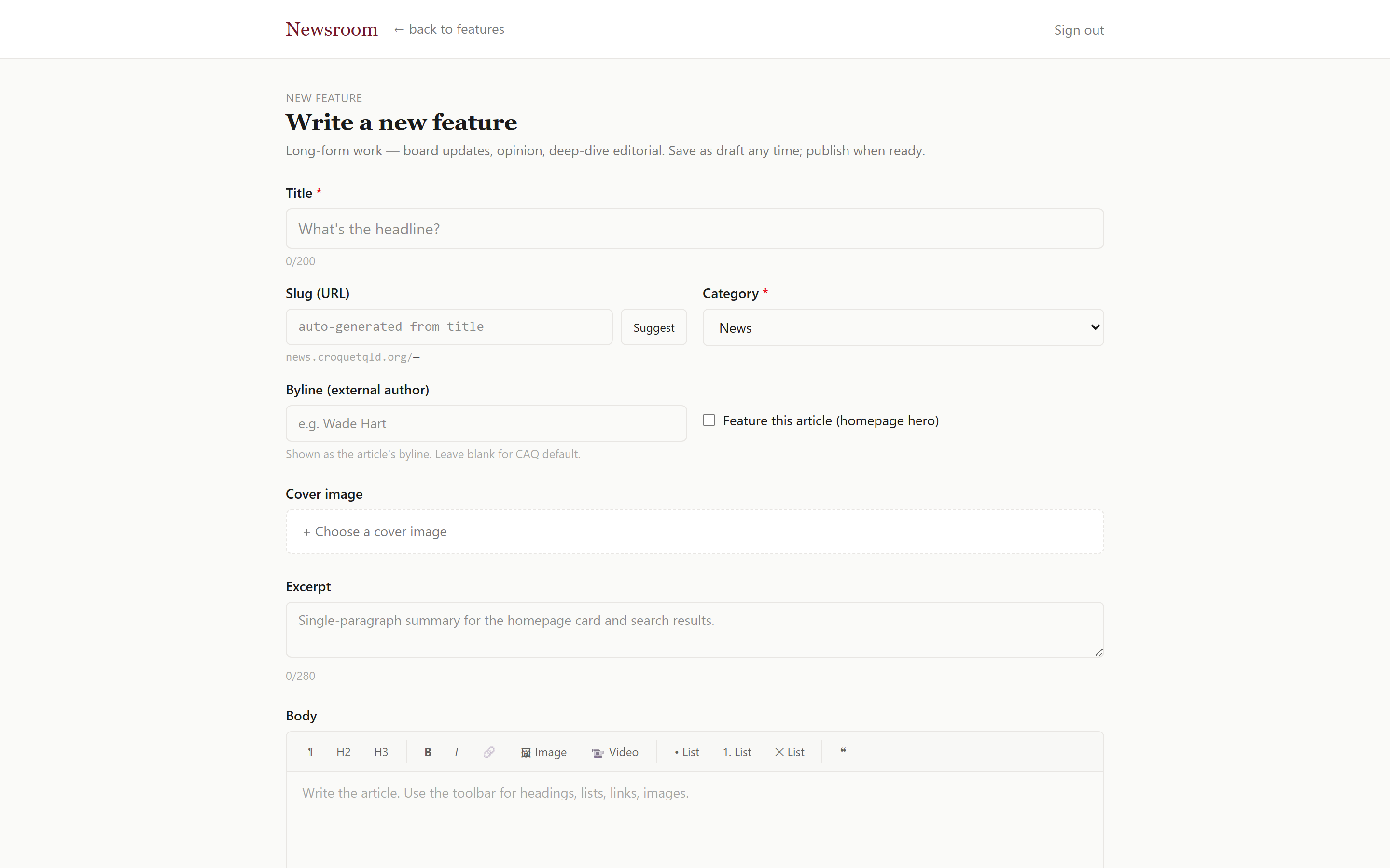 The submission editor The feature-article editor in MyCroquet.